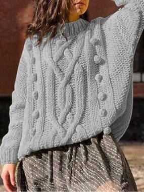 Hayden Light Gray Chunky Cable Bobble Knit Sweater